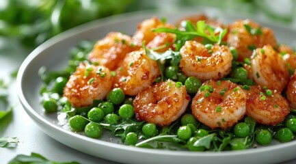 Savory shrimp dish with green peas and fresh herbs on a decorative plate