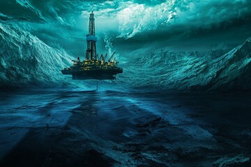 Obraz premium Offshore drilling rig in stormy, deep ocean.