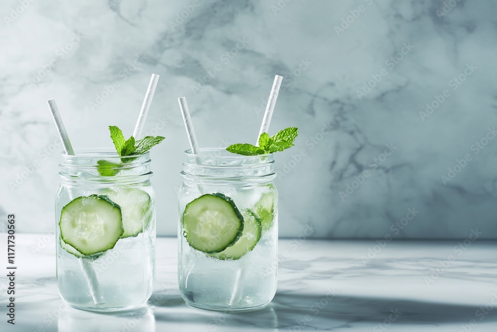 Poster two mason jars filled with refreshing cucumber water, garnished with mint and ice, on a marble surfa