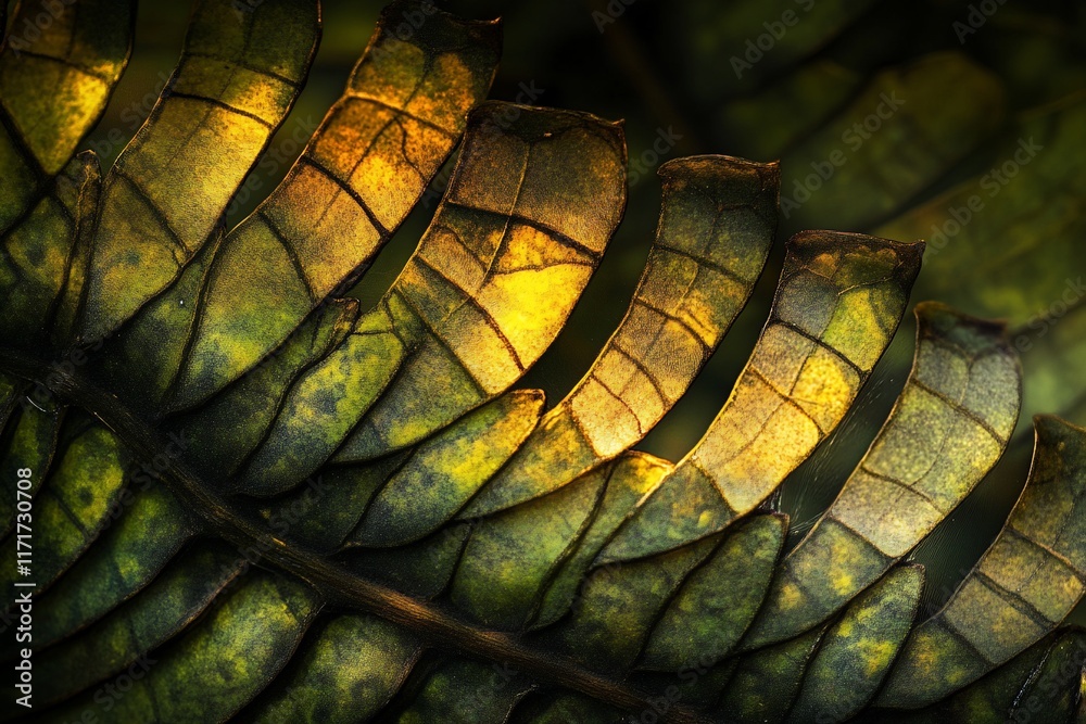 Poster close-up of a backlit fern frond, showing intricate details and textures of its leaves in golden and