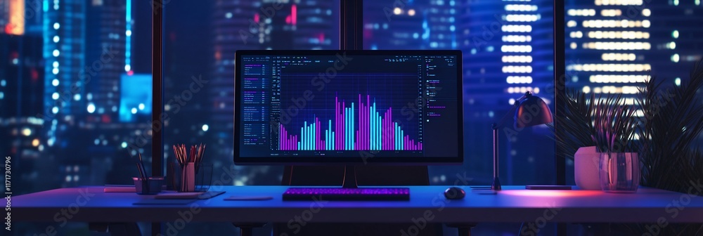 Aufkleber Night cityscape view from office desk with computer displaying financial chart.