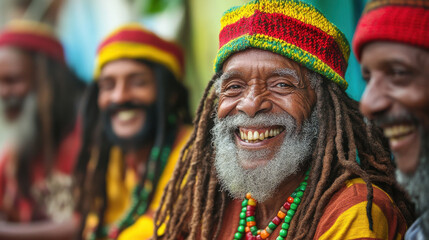 Fototapeta premium Happy Rastafarian Men in Colorful Cultural Attire
