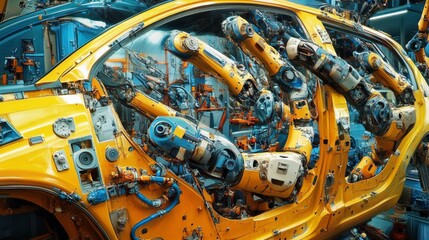 Fototapeta premium Robotic arms assembling a yellow car body in a factory.