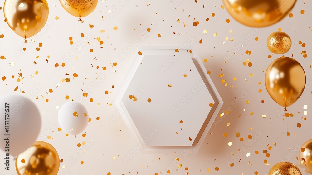 Poster white hexagonal platform with gold and white balloons and confetti.
