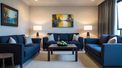 Fototapeta premium Modern living room with blue sofas and artwork