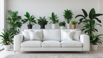 Fototapeta premium Modern living room with white couch and plants