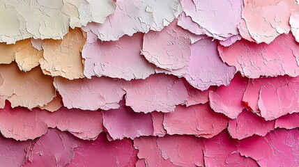 Abstract background of layered, textured pink and peach paint chips.
