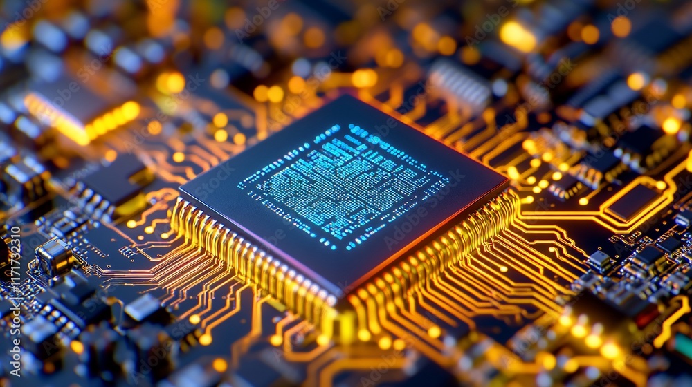 Poster close-up of a central processing unit (cpu) on a circuit board, glowing with blue and orange light.