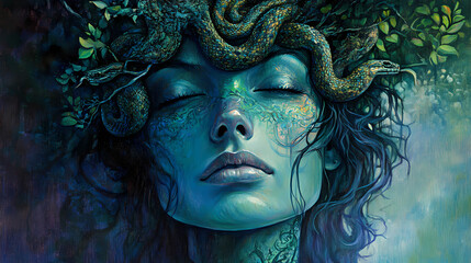 Serene woman with snake and tree crown: a mystical painting. Treetop. Illustration