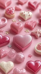 Sweet pink heart-shaped confections arranged on pastel background for festive celebrations
