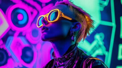 Woman with short blonde hair and futuristic sunglasses in neon light.