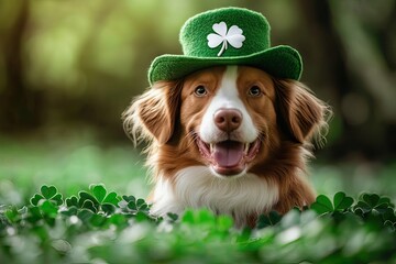 Big dog in green hat with a clover. Dog in a St. Patrick's hat on green grass.
