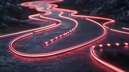 Glowing Neon Lines Trace Winding Path Through Dark Landscape