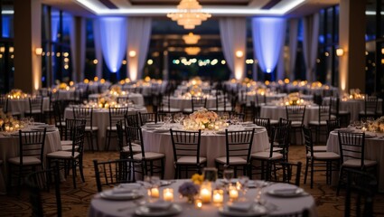 Nighttime wedding celebration in elegant hotel ballroom