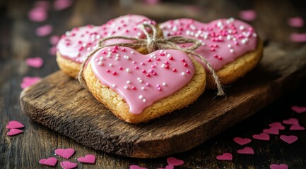 Heart-shaped cookies decorated with pink icing and sprinkles on rustic wooden board