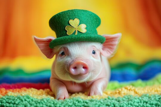 Piglet in a green hat with a clover. Little pig in St. Patrick's hat on a rainbow background. Bright colorful background