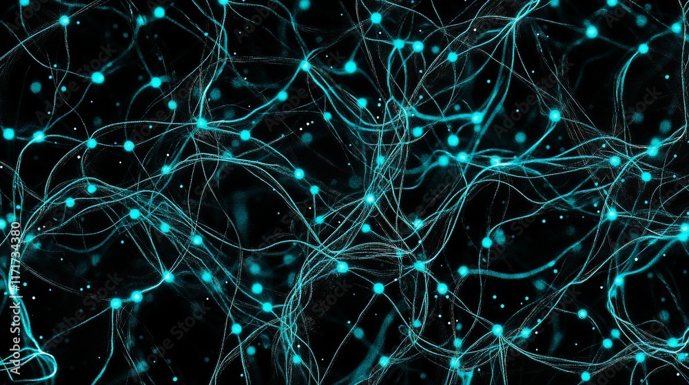 Aufkleber abstract glowing teal network nodes and lines on black background.