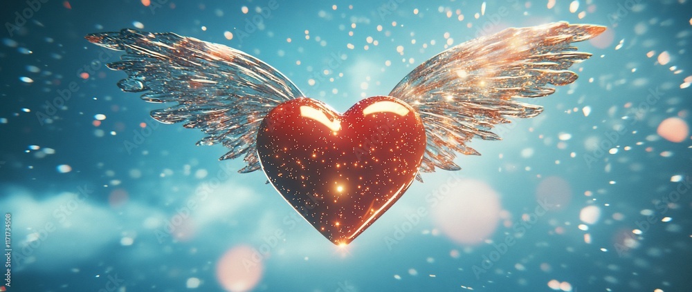 Poster glowing red heart with translucent wings flying in a sparkling blue sky.