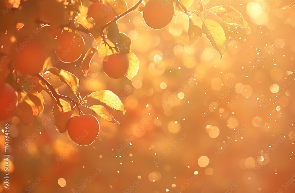 Aufkleber ripe apples on a tree branch in an orchard at sunset.