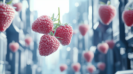 Close-up of vibrant floating raspberries against a futuristic urban background with bokeh effect