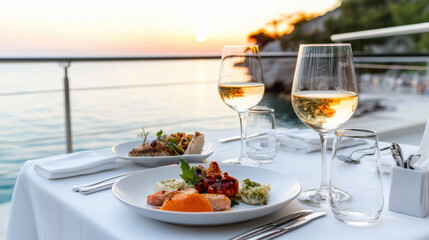 Romantic table set for two person with luxurious food, glasses of wine drinks in restaurant terrace with beautiful sea view on sunset