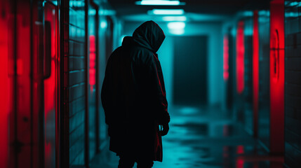 Silhouette of a mysterious hooded figure in a dimly lit corridor with dramatic red and blue neon lighting
