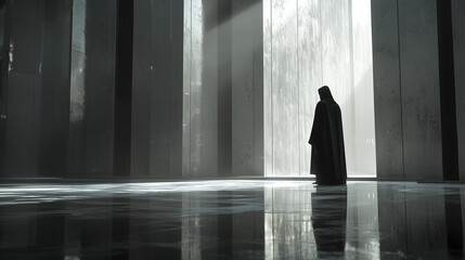 Fototapeta premium A lone figure in a dark robe stands in a modern, grand architectural space with dramatic light streaming through