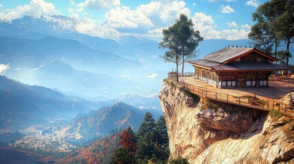 Scenic mountain view featuring a cliffside wooden structure.