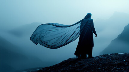 Silhouette of a cloaked figure with flowing fabric standing on a misty mountain, evoking mystery and serenity