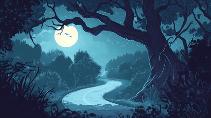 Fototapeta premium Eerie night scene featuring a misty forest landscape and a winding road under the glow of a full moon, creating a mysterious atmosphere. Treetop. Illustration