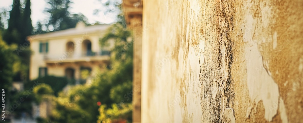 Poster close-up of weathered wall with blurred background of a villa and lush greenery.