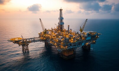 Offshore platform, illuminated, vast ocean, sunset.