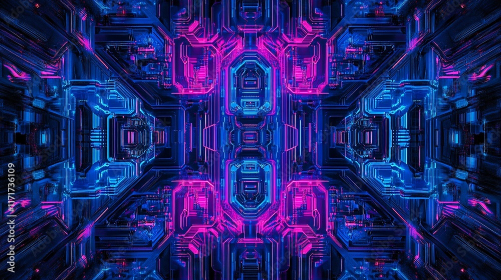 Aufkleber abstract symmetrical digital art with neon blue and pink glowing lines and shapes, creating a futuri