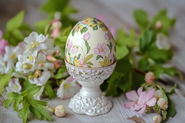 Fototapeta premium Hand-painted decorative egg in porcelain holder with spring floral design and blossoms