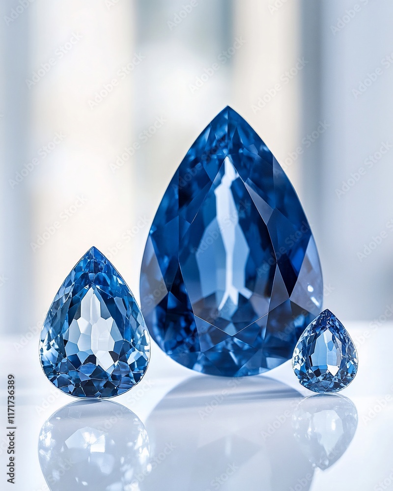 Poster three pear-shaped blue gemstones, varying in size, displayed on a reflective surface.