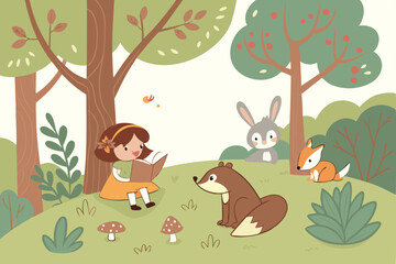 Fairy Tale Forest A magical forest with glowing mushrooms, sparkling streams, and a soft golden light filtering through the trees. The style is whimsical and fantastical, using vibrant greens, blues, 