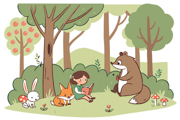 Naklejka premium Fairy Tale Forest A magical forest with glowing mushrooms, sparkling streams, and a soft golden light filtering through the trees. The style is whimsical and fantastical, using vibrant greens, blues, 