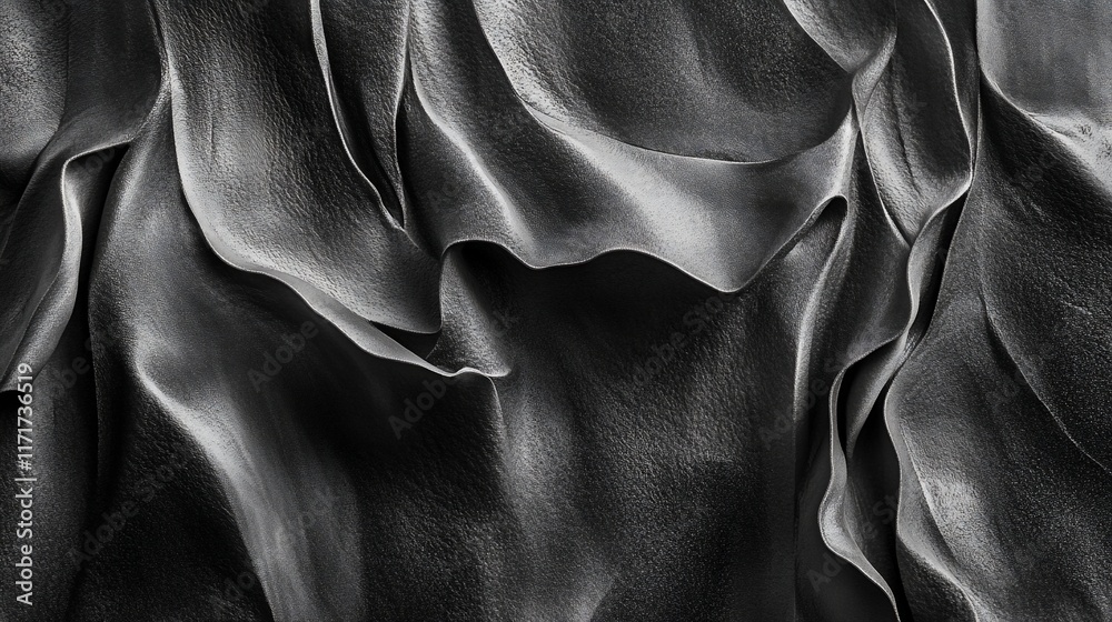 Poster Abstract grayscale image of draped luxurious fabric with soft folds and shadows.