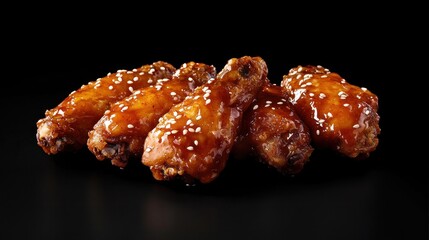 Close-up of six glossy, sesame-seed-coated chicken wings on a black background.