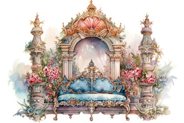 Obraz premium a luxurious baroque sofa with an ornate backrest and carved elements, standing against the backdrop of an arch decorated with flowers and architectural details. 