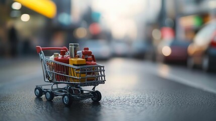 Miniature cart holds various bottles, city background.
