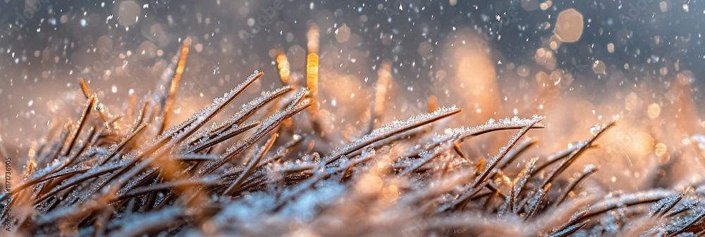 Aufkleber frost-covered grass blades in soft light with falling snow.