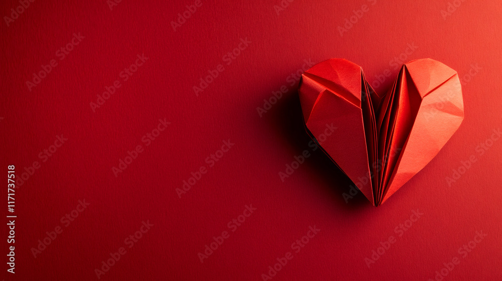 Poster folded red paper heart resting on textured background, expressing romantic emotion