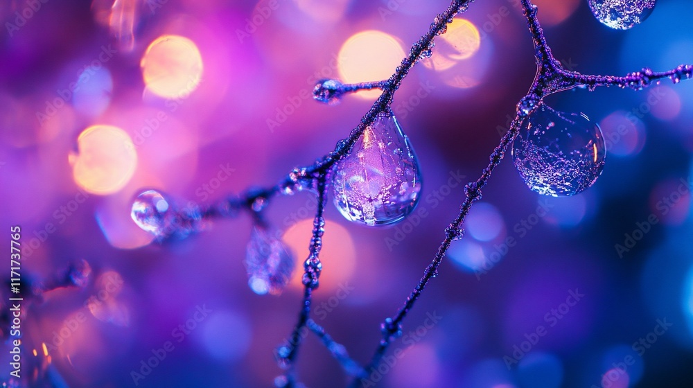 Aufkleber close-up of water droplets on a branch at night with colorful bokeh background.