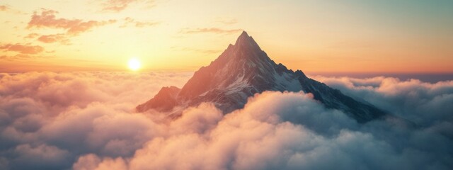 A mystical image of a remote mountain peak piercing through a sea of clouds at sunrise, Mountain scene, Ethereal style