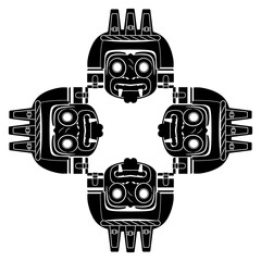 Square cross shape ethnic design with four masks of Aztec god Tlaloc. Native American  ornament. Black and white silhouette.