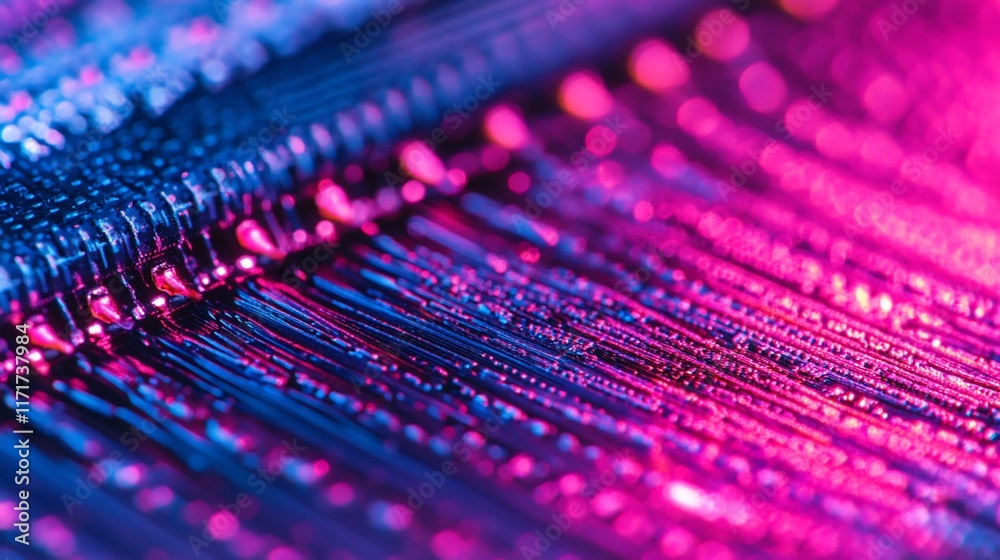 Poster Abstract close-up of vibrant blue and pink illuminated lines, creating a dynamic and textured background.