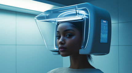 Robotic hairdresser in a beauty salon of the future, a dark-skinned woman sits under a square high-tech “cap” with interactive screens, the robot hairdresser automatically selects the ideal haircut