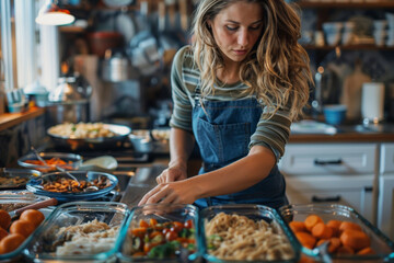 Mother preparing meals in a busy kitchen..