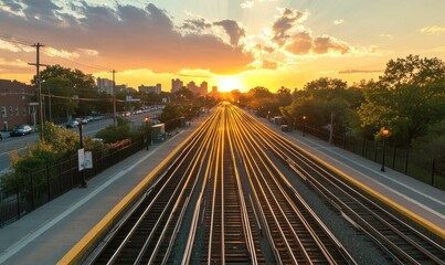 Fototapeta premium Sunset illuminates train tracks, city skyline.